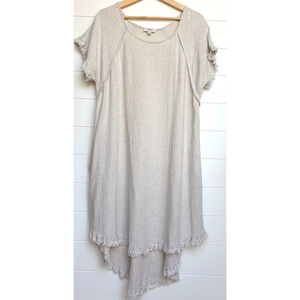 Umgee Linen Cotton Dress Scoop Neck Fringe Frayed Hem Relaxed High Low Hem L